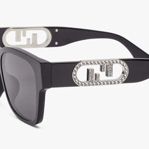 Fendi Women O’Lock Black Acetate Sunglasses with Logo in Crystals