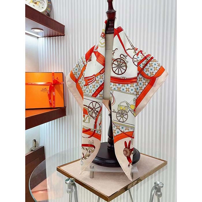 Hermes Women Les Voitures Nouvelles Scarf 70 Silk Beige Multicolore