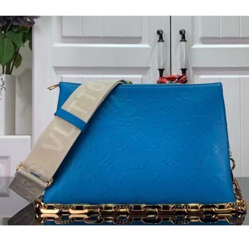 Louis Vuitton LV Women Coussin MM Handbag Blue Lambskin Zip Closure