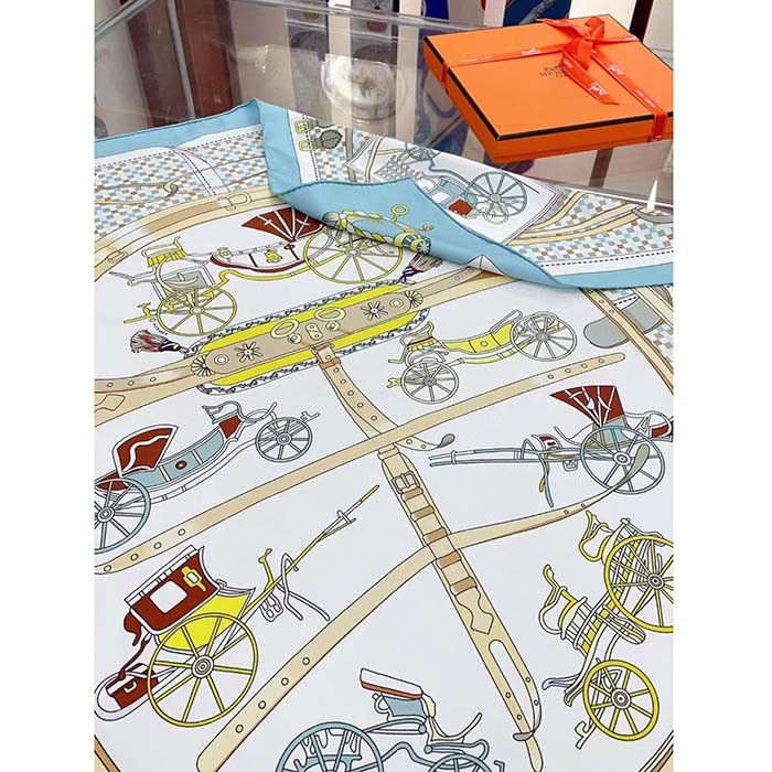 Hermes Women Les Voitures Nouvelles Scarf 70 Silk Bleu Beige
