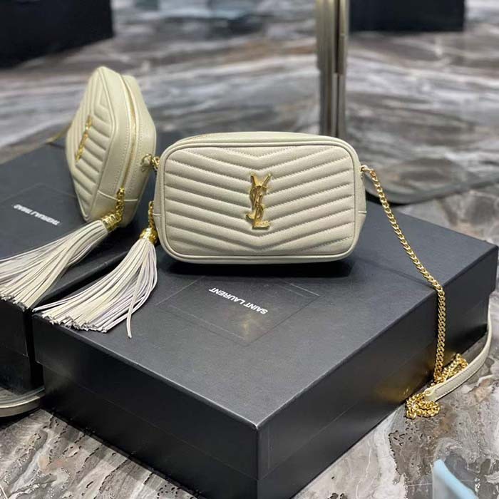 Saint Laurent YSL Women Mini Lou Quilted Leather White Gold Zip Closure