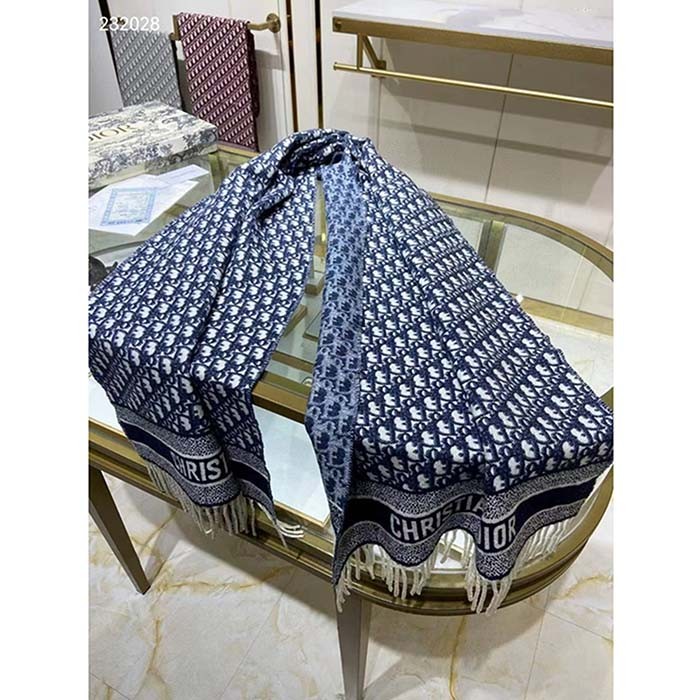 Dior Unisex CD Dior Oblique Scarf Navy Blue Cashmere Double-Sided Fringed Ends