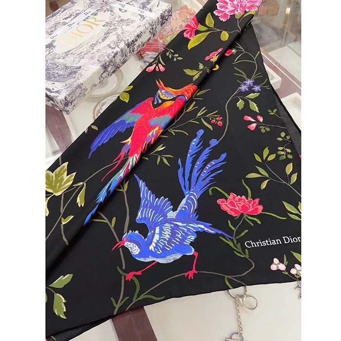 Dior Women CD Dior Birds 90 Square Scarf Black Multicolor Silk Twill