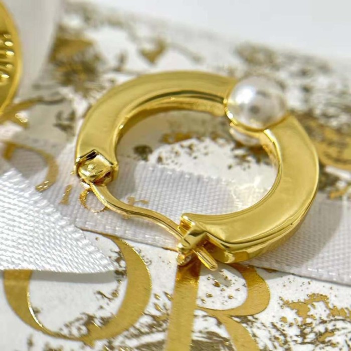 Dior Women CD Navy Earrings Gold-Finish Metal and White Resin Pearls