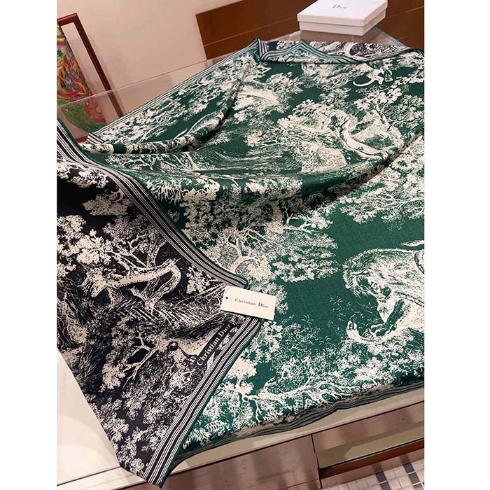 Dior Women CD Toile De Jouy Sauvage Square Scarf Navy Blue Ivory Silk Twill