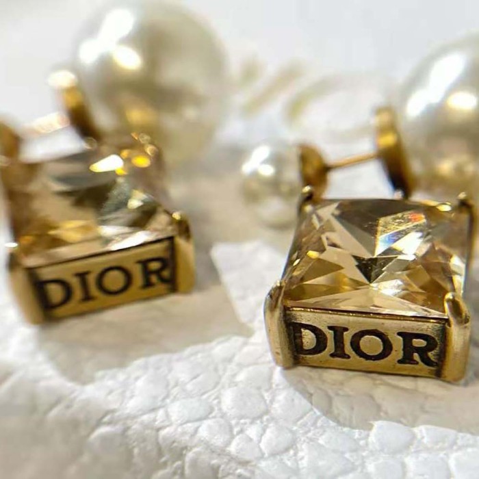 Dior Women Tribales Earrings Antique Gold-Finish Metal with White Resin Pearls and Citrine