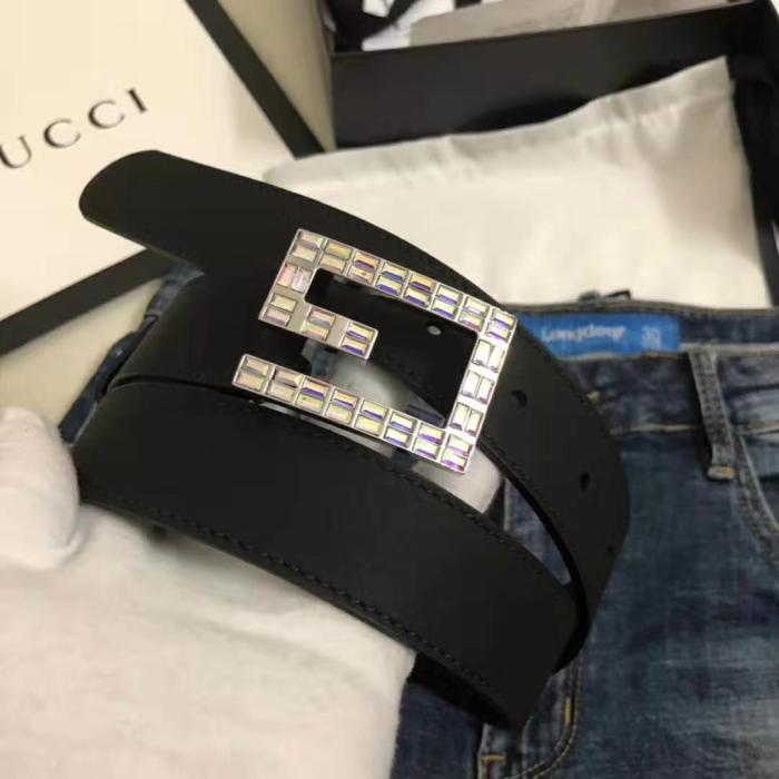 Gucci Unisex Leather Belt with Square G Buckle in 3.8cm Width-Black