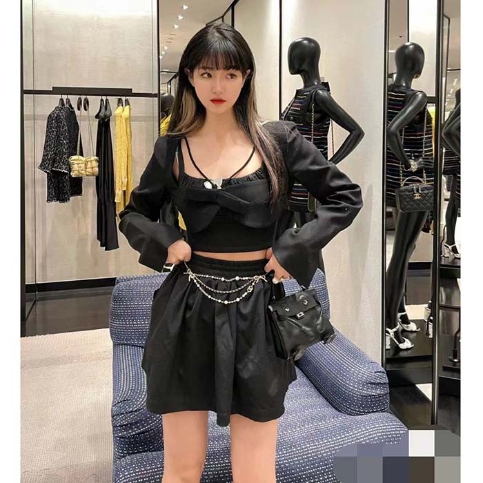 Chanel Women CC Chain Belt Gold Metal Resin Glass Pearls Strass Black Calfskin Leather