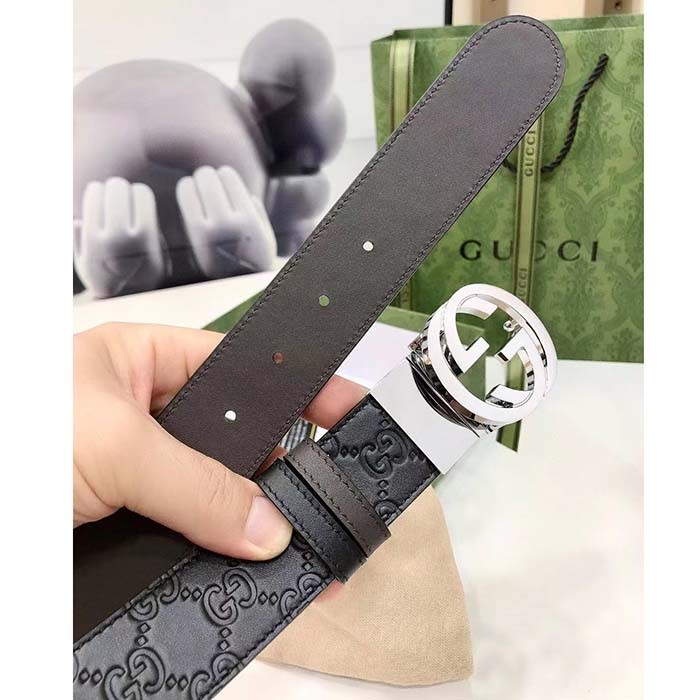 Gucci Unisex GG Reversible Gucci Signature Belt Black Leather Reverses To Brown Leather