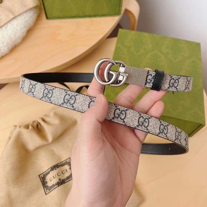 Gucci Unisex GG Marmont Reversible Thin Belt Beige Ebony GG Supreme Canvas Double G Buckle