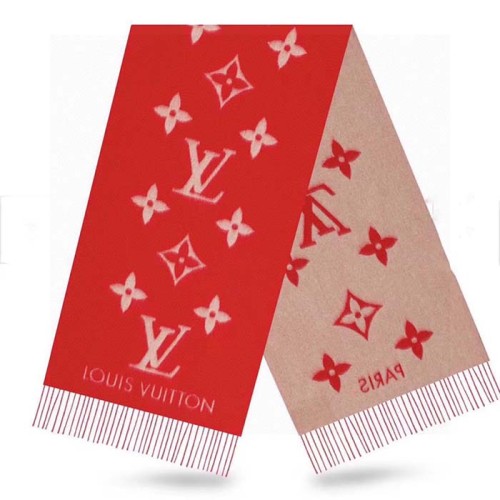 Louis Vuitton LV Unisex Reykjavik Scarf Red Cashmere Jacquard Weave Oversized Monogram Flowers
