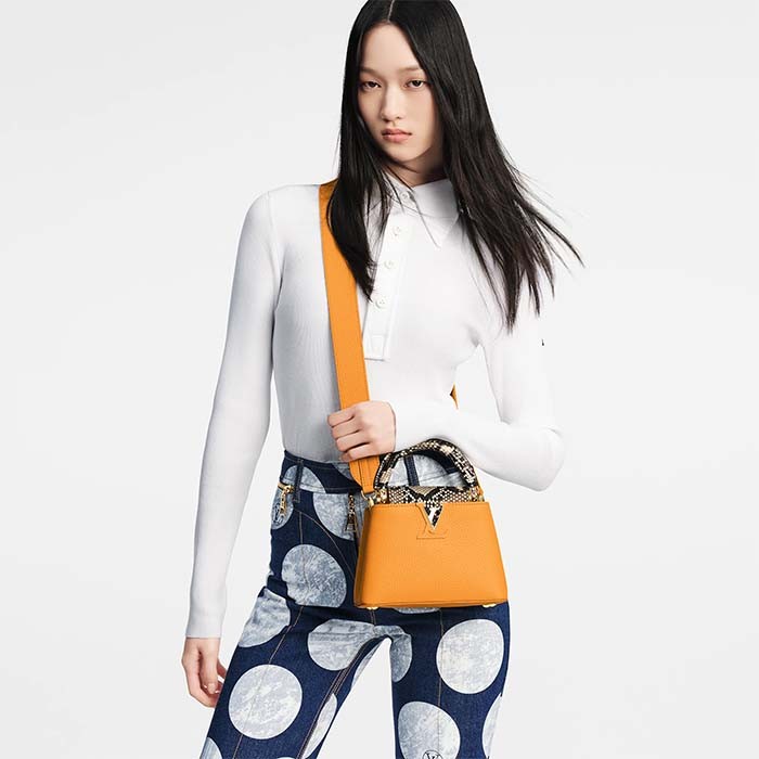Louis Vuitton LV Women Capucines Mini Handbag Golden Yellow Taurillon Leather Python Skin