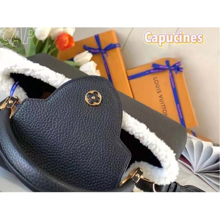 Louis Vuitton LV Women Capucines MM Bag Black Taurillon Leather Shearling Cowhide