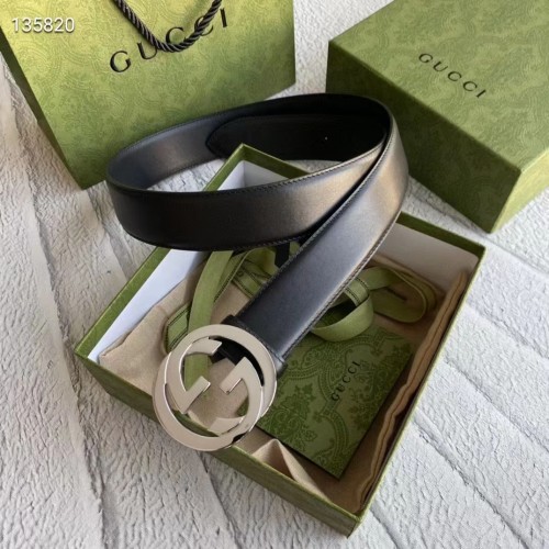 Gucci Unisex GG Leather Belt with Interlocking G Black 3.8 cm Width