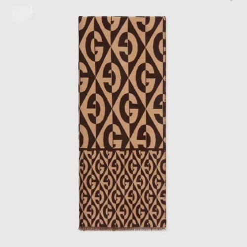 Gucci Unisex G Rhombus Jacquard Scarf in Wool and Cotton-Brown