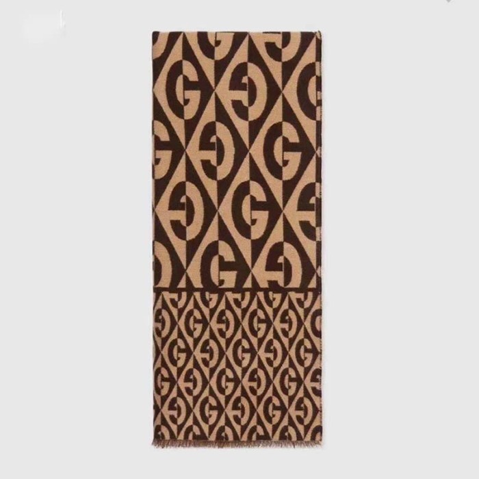 Gucci Unisex G Rhombus Jacquard Scarf in Wool and Cotton-Brown