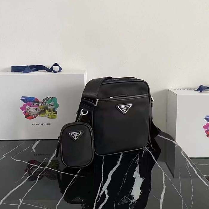 Prada Unisex Re-Nylon Saffiano Shoulder Bag Black Zipper Closure Fabric Leather