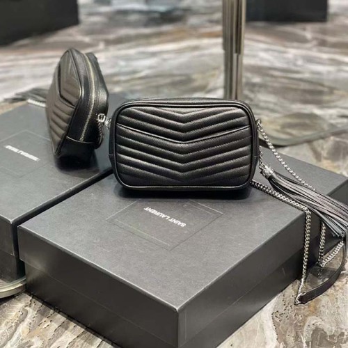 Saint Laurent YSL Women Mini Lou Quilted Leather Black Silver Zip Closure