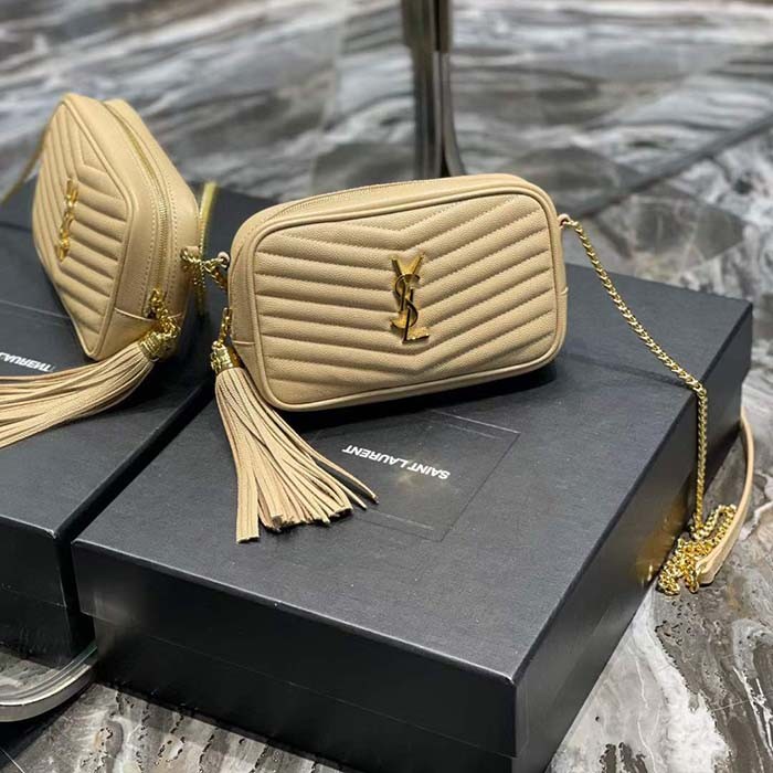 Saint Laurent YSL Women Mini Lou Quilted Leather Beige Gold Zip Closure