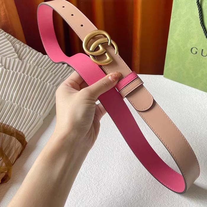 Gucci Women GG Marmont Reversible Belt Beige Pink Leather 3 CM Width Double G
