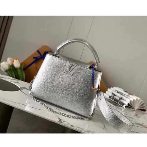 Louis Vuitton LV Women Capucines BB Handbag Etain Metallic Gray Taurillon Leather