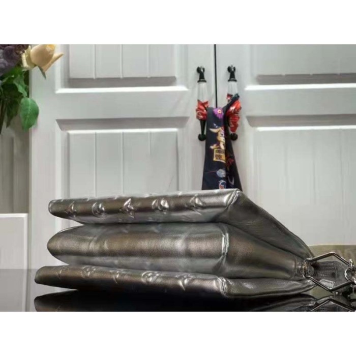 Louis Vuitton LV Women Coussin BB Handbag Silver Monogram Embossed Puffy Lambskin