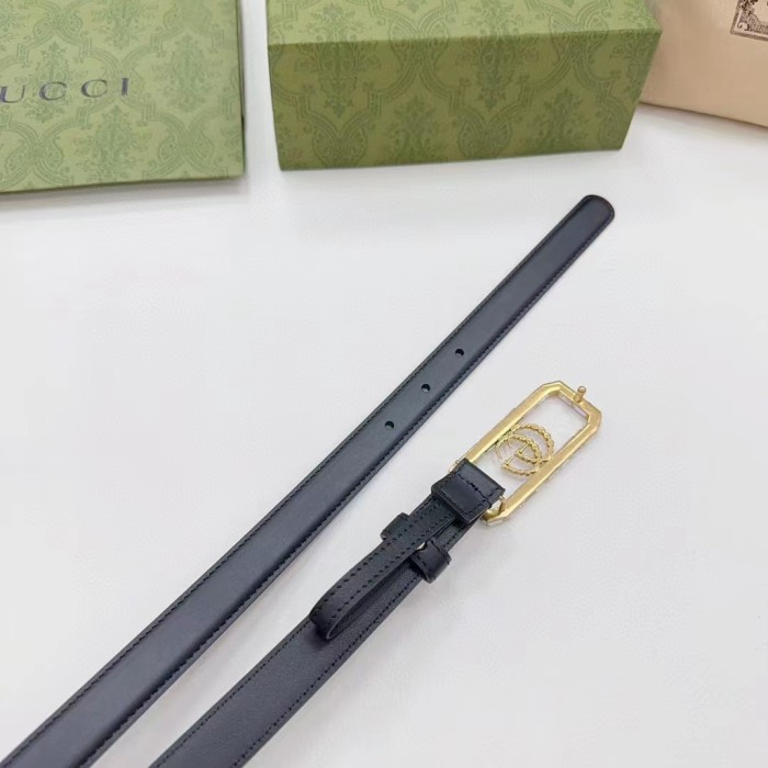 Gucci Unisex GG Thin Belt Crystal Double G Buckle Black Leather 2 CM Width