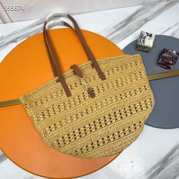 Saint Laurent YSL Women Panier Medium Bag Raffia Sandy