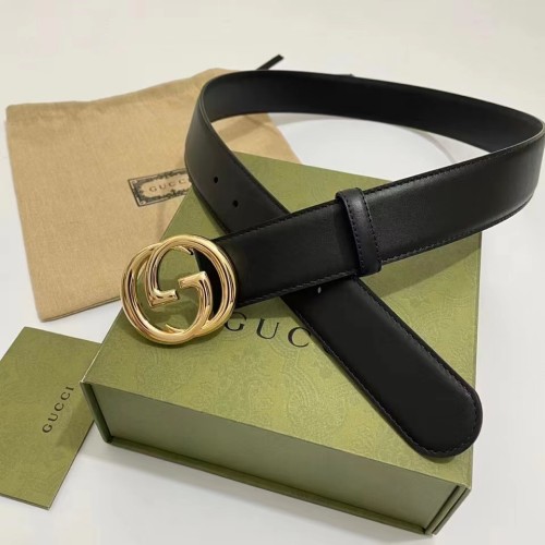 Gucci Unisex GG Blondie Belt Round Interlocking G Buckle Black Leather 4 CM Width