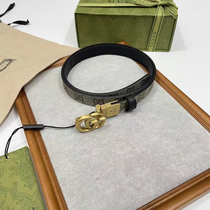 Gucci Unisex Marmont Reversible Thin Belt Black Beige Ebony GG Supreme Canvas