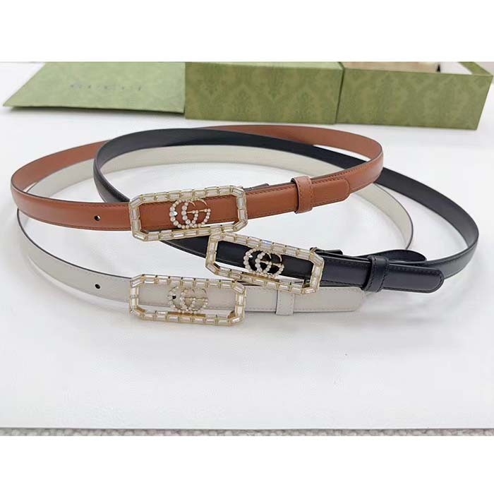 Gucci Unisex GG Thin Belt Crystal Double G Buckle Black Leather 2 CM Width