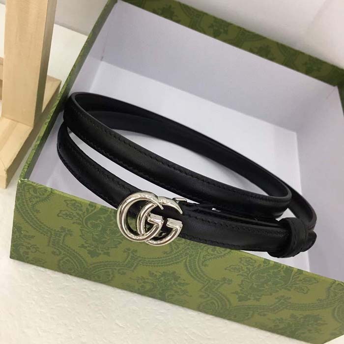 Gucci Unisex GG Thin Belt Belt Black Leather Double G Buckle 1.3 CM Width