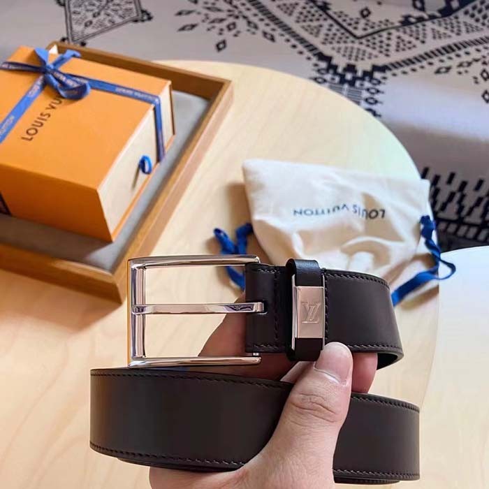 Louis Vuitton Unisex LV City Pin 35 MM Belt Brown Calf Leather Silver Color Hardware