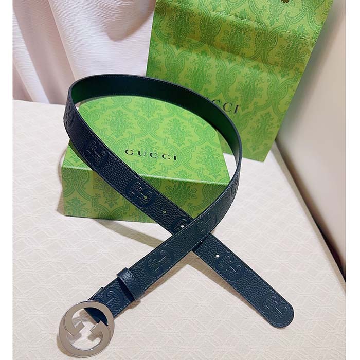 Gucci Unisex Blondie Belt Black Maxi GG Leather G Buckle 3 CM Width