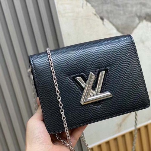 Louis Vuitton Women LV Twist Belt Chain Pouch Black Silver Epi Grained Cowhide Leather
