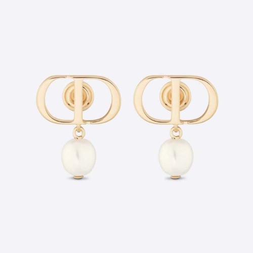 Dior Women Petit CD Earrings Gold-Finish Metal and White Resin Pearls