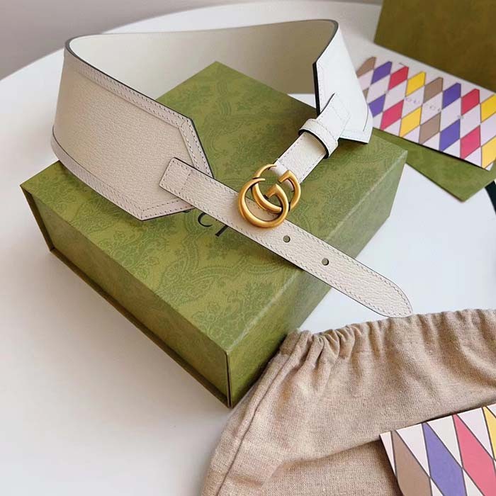 Gucci Unisex GG Marmont Wide Belt White Leather Double G 6.9 CM Width