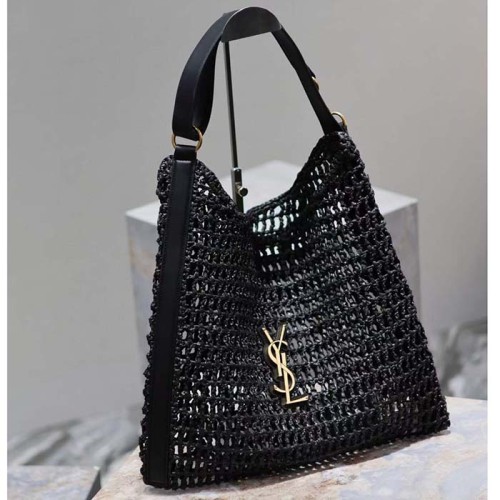 Saint Laurent YSL Women Oxalis Bag Raffia Macrame Black Brass