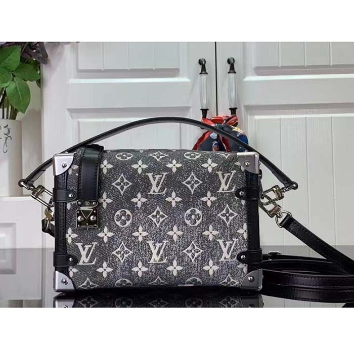 Louis Vuitton LV Women Side Trunk Handbag Gray Denim Textile Jacquard