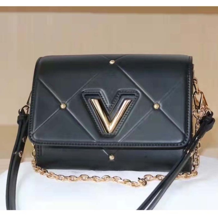 Louis Vuitton LV Women Twist MM Handbag Black Lambskin Calfskin Leather