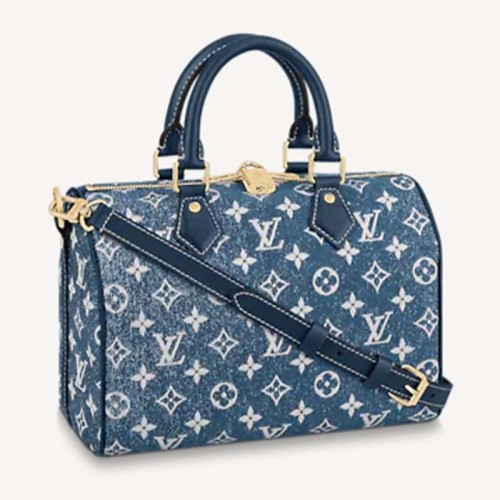 Louis Vuitton LV Women Speedy Bandoulière 25 Handbag Navy Blue Denim Jacquard Calfskin