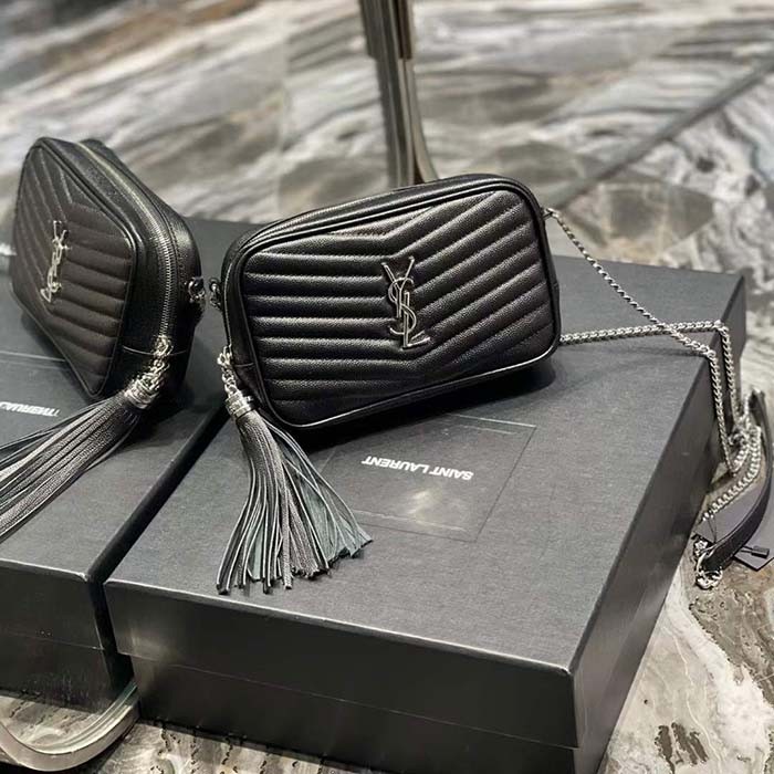 Saint Laurent YSL Women Mini Lou Quilted Leather Black Silver Zip Closure