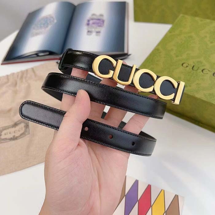 Gucci Unisex Buckle Thin Belt Black Leather Gold-Toned Hardware 2 CM Width
