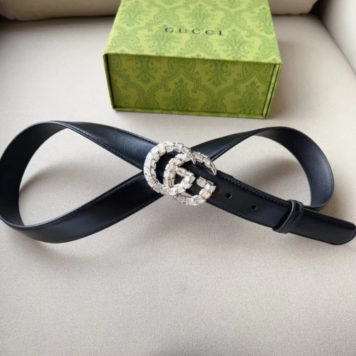Gucci Unisex GG Marmont Thin Belt Crystals Black Leather Double G Buckle 3 CM Width