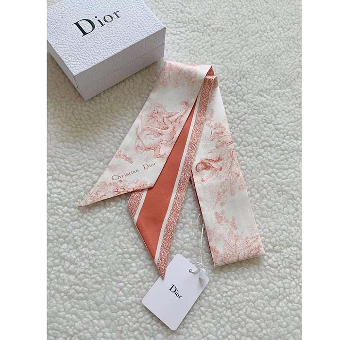 Dior Women CD Toile De Jouy Sauvage Mitzah Scarf Ivory Pink Silk Twill