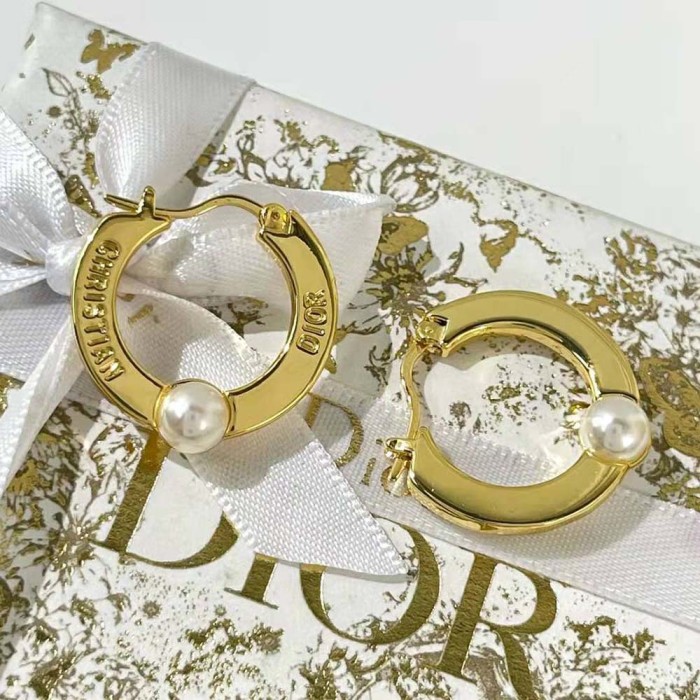 Dior Women CD Navy Earrings Gold-Finish Metal and White Resin Pearls