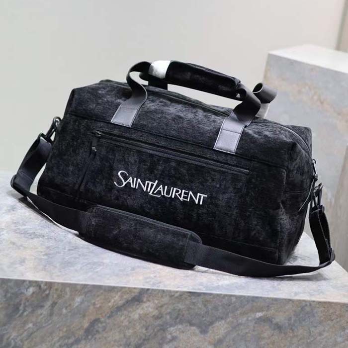 Saint Laurent YSL Women Jaquard Duffle Bag Black Cotton Calfskin Leather
