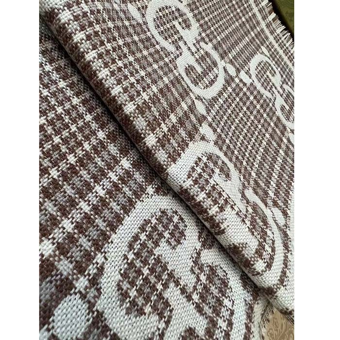 Gucci Unisex GG Wool Jacquard Scarf Ivory Beige Houndstooth Fringe Trim