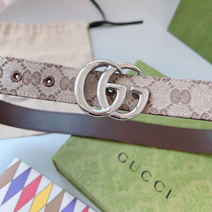 Gucci Unisex GG Marmont Reversible Belt Beige Ebony Original Canvas Double G Buckle