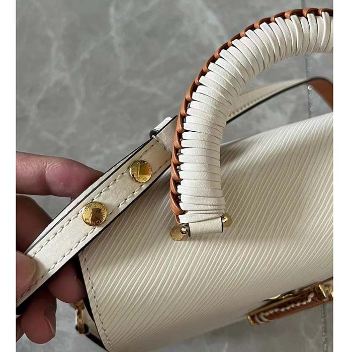 Louis Vuitton LV Women Twist MM Beige White Brown Grained Leather Cowhide
